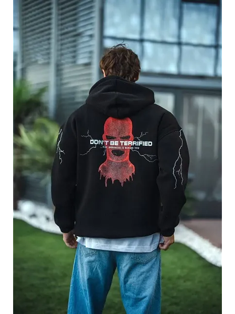 Erkek Kapüşonlu Kanguru Cepli Sweatshirt 3 İplik Pamuklu Baskılı Hoodie -  Siyah