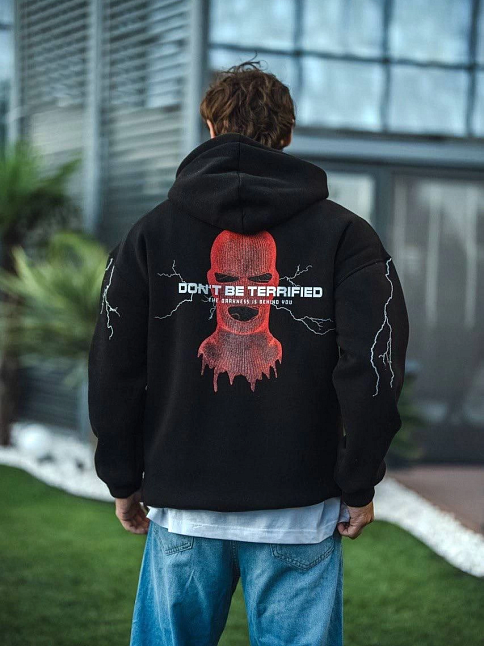 Erkek Kapüşonlu Kanguru Cepli Sweatshirt 3 İplik Pamuklu Baskılı Hoodie -  Siyah