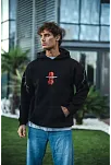 Erkek Kapüşonlu Kanguru Cepli Sweatshirt 3 İplik Pamuklu Baskılı Hoodie -  Siyah