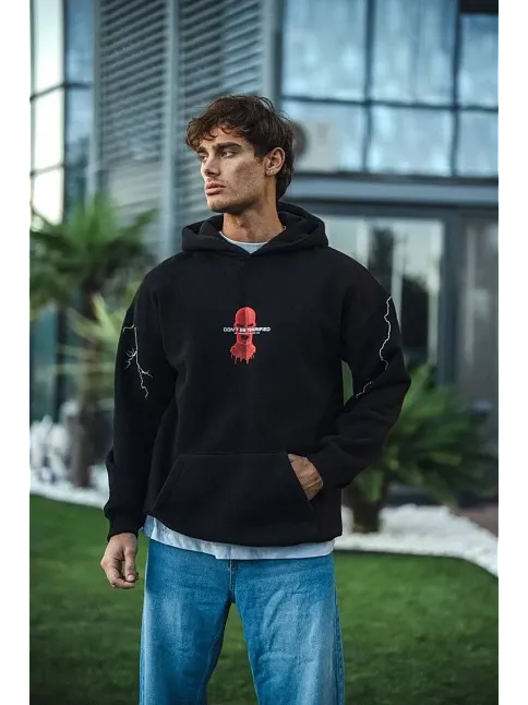 Erkek Kapüşonlu Kanguru Cepli Sweatshirt 3 İplik Pamuklu Baskılı Hoodie -  Siyah