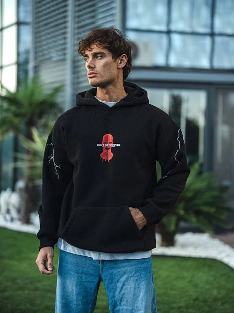 Erkek Kapüşonlu Kanguru Cepli Sweatshirt 3 İplik Pamuklu Baskılı Hoodie -  Siyah