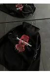 Kadın Kapüşonlu Kanguru Cepli Sweatshirt 3 İplik Pamuklu Baskılı Hoodie - Siyah