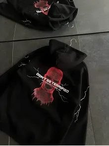 Kadın Kapüşonlu Kanguru Cepli Sweatshirt 3 İplik Pamuklu Baskılı Hoodie - Siyah