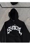 Erkek Kapüşonlu Kanguru Cepli Sweatshirt 3 İplik Pamuklu Baskılı Hoodie - Siyah