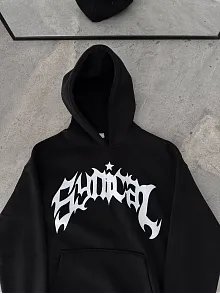 Kadın Kapüşonlu Kanguru Cepli Sweatshirt 3 İplik Pamuklu Baskılı Hoodie -  Siyah