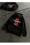 Kadın Kapüşonlu Kanguru Cepli Sweatshirt 3 İplik Pamuklu Baskılı Hoodie - Siyah