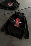 Kadın Kapüşonlu Kanguru Cepli Sweatshirt 3 İplik Pamuklu Baskılı Hoodie - Siyah