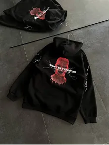 Kadın Kapüşonlu Kanguru Cepli Sweatshirt 3 İplik Pamuklu Baskılı Hoodie - Siyah