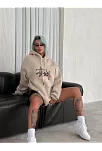 Kadın Oversize Kapüşonlu Cepli Baskılı 3 İplik Pamuklu Hoodie Sweatshirt - Bej