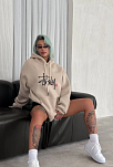 Kadın Oversize Kapüşonlu Cepli Baskılı 3 İplik Pamuklu Hoodie Sweatshirt - Bej