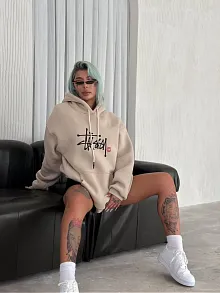 Kadın Oversize Kapüşonlu Cepli Baskılı 3 İplik Pamuklu Hoodie Sweatshirt - Bej