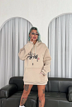 Kadın Oversize Kapüşonlu Cepli Baskılı 3 İplik Pamuklu Hoodie Sweatshirt - Bej