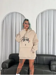 Kadın Oversize Kapüşonlu Cepli Baskılı 3 İplik Pamuklu Hoodie Sweatshirt - Bej