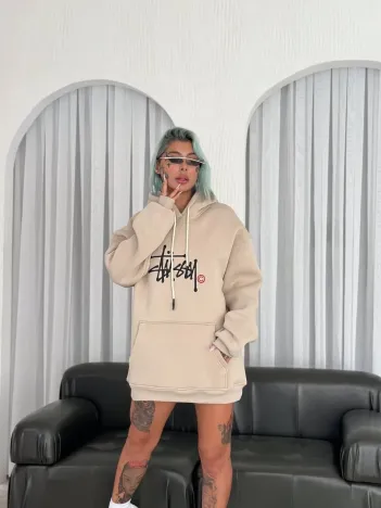 Kadın Oversize Kapüşonlu Cepli Baskılı 3 İplik Pamuklu Hoodie Sweatshirt - Bej