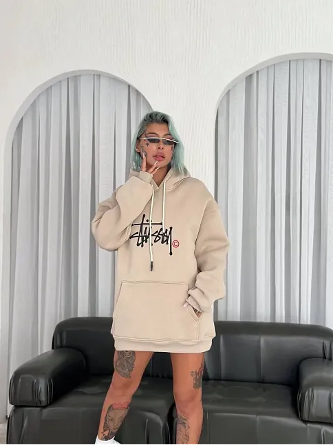 Kadın Oversize Kapüşonlu Cepli Baskılı 3 İplik Pamuklu Hoodie Sweatshirt - Bej