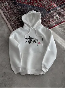 Kadın Oversize Kapüşonlu Cepli Baskılı 3 İplik Pamuklu Hoodie Sweatshirt - Beyaz