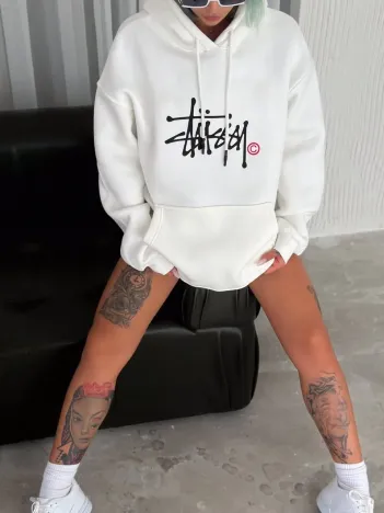 Kadın Oversize Kapüşonlu Cepli Baskılı 3 İplik Pamuklu Hoodie Sweatshirt - Beyaz