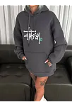 Kadın Oversize Kapüşonlu Cepli Baskılı 3 İplik Pamuklu Hoodie Sweatshirt - Füme