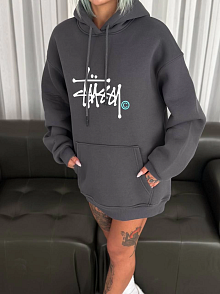 Kadın Oversize Kapüşonlu Cepli Baskılı 3 İplik Pamuklu Hoodie Sweatshirt - Füme