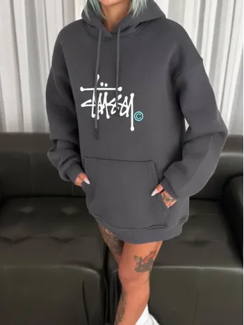 Kadın Oversize Kapüşonlu Cepli Baskılı 3 İplik Pamuklu Hoodie Sweatshirt - Füme