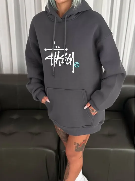 Kadın Oversize Kapüşonlu Cepli Baskılı 3 İplik Pamuklu Hoodie Sweatshirt - Füme Kadın Oversize Kapüşonlu Cepli Baskılı 3 İplik Pamuklu Hoodie Sweatshirt - Füme
