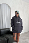 Kadın Oversize Kapüşonlu Cepli Baskılı 3 İplik Pamuklu Hoodie Sweatshirt - Füme