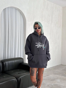 Kadın Oversize Kapüşonlu Cepli Baskılı 3 İplik Pamuklu Hoodie Sweatshirt - Füme