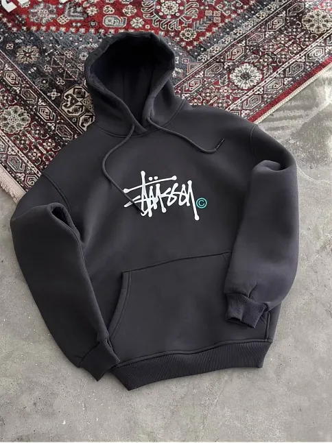 Kadın Oversize Kapüşonlu Cepli Baskılı 3 İplik Pamuklu Hoodie Sweatshirt - Füme