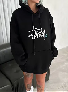 Kadın Oversize Kapüşonlu Cepli Baskılı 3 İplik Pamuklu Hoodie Sweatshirt - Siyah