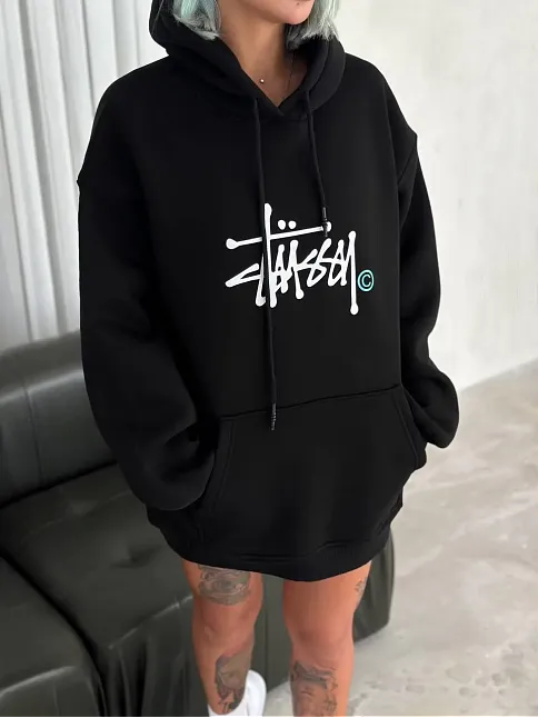 Kadın Oversize Kapüşonlu Cepli Baskılı 3 İplik Pamuklu Hoodie Sweatshirt - Siyah