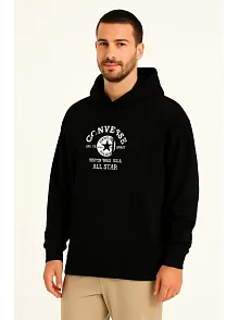 Erkek Kapüşonlu Kanguru Cepli Sweatshirt 3 İplik Pamuklu Baskılı Hoodie - Siyah