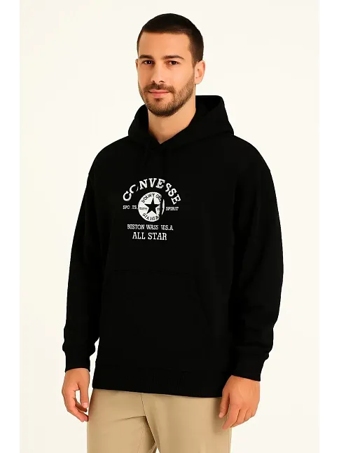 Erkek Kapüşonlu Kanguru Cepli Sweatshirt 3 İplik Pamuklu Baskılı Hoodie - Siyah