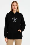 Kadın Kapüşonlu Kanguru Cepli Sweatshirt 3 İplik Pamuklu Baskılı Hoodie - Siyah Kadın Kapüşonlu Kanguru Cepli Sweatshirt 3 İplik Pamuklu Baskılı Hoodie - Siyah