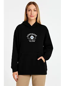 Kadın Kapüşonlu Kanguru Cepli Sweatshirt 3 İplik Pamuklu Baskılı Hoodie - Siyah