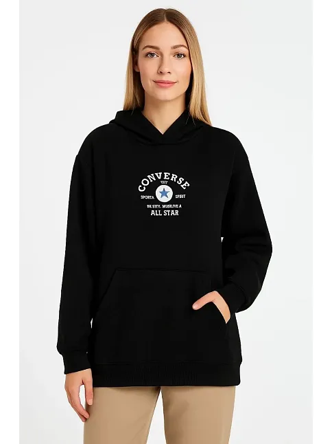 Kadın Kapüşonlu Kanguru Cepli Sweatshirt 3 İplik Pamuklu Baskılı Hoodie - Siyah