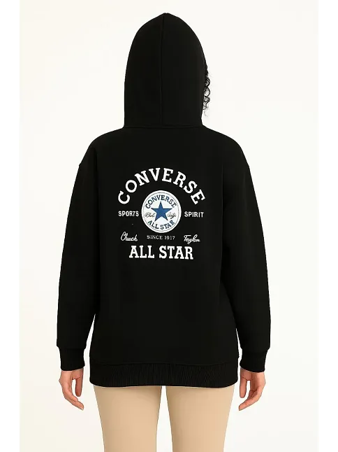 Kadın Kapüşonlu Kanguru Cepli Sweatshirt 3 İplik Pamuklu Baskılı Hoodie - Siyah