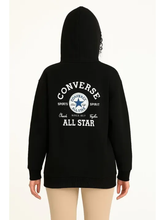 Kadın Kapüşonlu Kanguru Cepli Sweatshirt 3 İplik Pamuklu Baskılı Hoodie - Siyah Kadın Kapüşonlu Kanguru Cepli Sweatshirt 3 İplik Pamuklu Baskılı Hoodie - Siyah