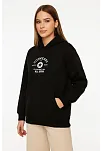 Kadın Kapüşonlu Kanguru Cepli Sweatshirt 3 İplik Pamuklu Baskılı Hoodie - Siyah