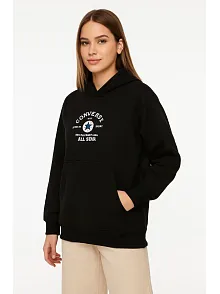 Kadın Kapüşonlu Kanguru Cepli Sweatshirt 3 İplik Pamuklu Baskılı Hoodie - Siyah