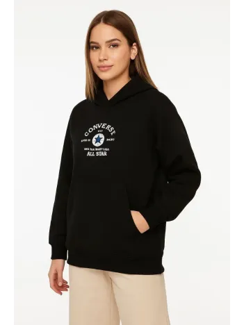 Kadın Kapüşonlu Kanguru Cepli Sweatshirt 3 İplik Pamuklu Baskılı Hoodie - Siyah