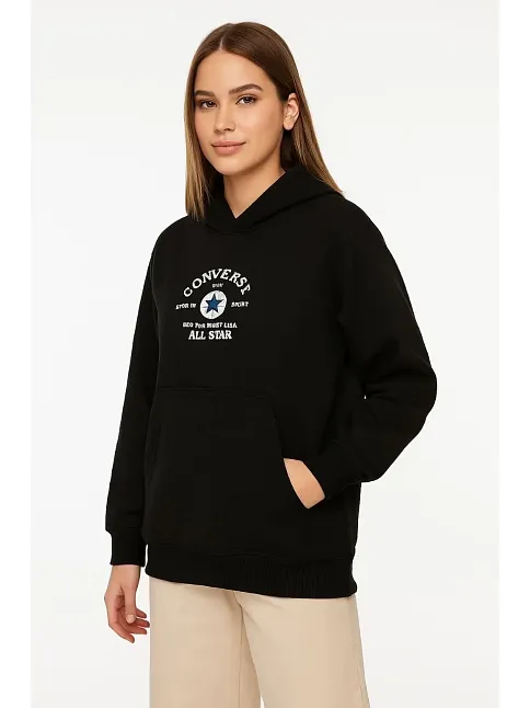 Kadın Kapüşonlu Kanguru Cepli Sweatshirt 3 İplik Pamuklu Baskılı Hoodie - Siyah