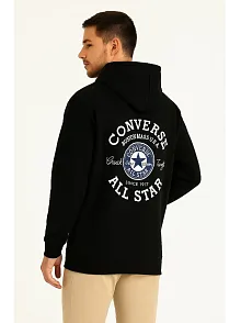 Erkek Kapüşonlu Kanguru Cepli Sweatshirt 3 İplik Pamuklu Baskılı Hoodie - Siyah