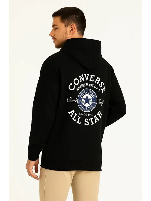 Erkek Kapüşonlu Kanguru Cepli Sweatshirt 3 İplik Pamuklu Baskılı Hoodie - Siyah