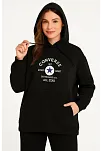 Kadın Kapüşonlu Kanguru Cepli Sweatshirt 3 İplik Pamuklu Baskılı Hoodie - Siyah