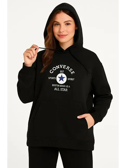 Kadın Kapüşonlu Kanguru Cepli Sweatshirt 3 İplik Pamuklu Baskılı Hoodie - Siyah