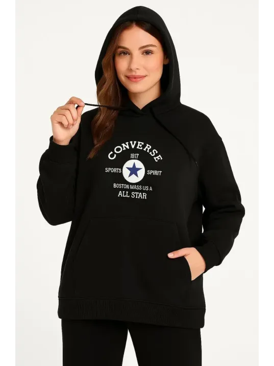 Kadın Kapüşonlu Kanguru Cepli Sweatshirt 3 İplik Pamuklu Baskılı Hoodie - Siyah Kadın Kapüşonlu Kanguru Cepli Sweatshirt 3 İplik Pamuklu Baskılı Hoodie - Siyah