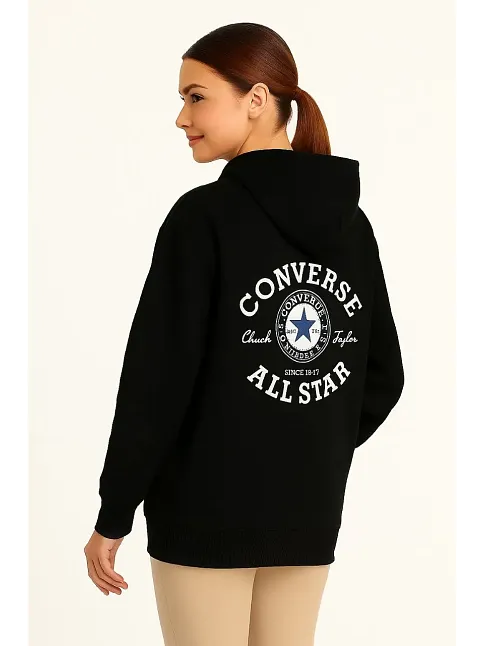 Kadın Kapüşonlu Kanguru Cepli Sweatshirt 3 İplik Pamuklu Baskılı Hoodie - Siyah