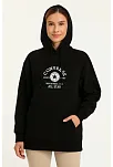 Kadın Kapüşonlu Kanguru Cepli Sweatshirt 3 İplik Pamuklu Baskılı Hoodie - Siyah