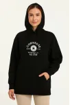 Kadın Kapüşonlu Kanguru Cepli Sweatshirt 3 İplik Pamuklu Baskılı Hoodie - Siyah Kadın Kapüşonlu Kanguru Cepli Sweatshirt 3 İplik Pamuklu Baskılı Hoodie - Siyah