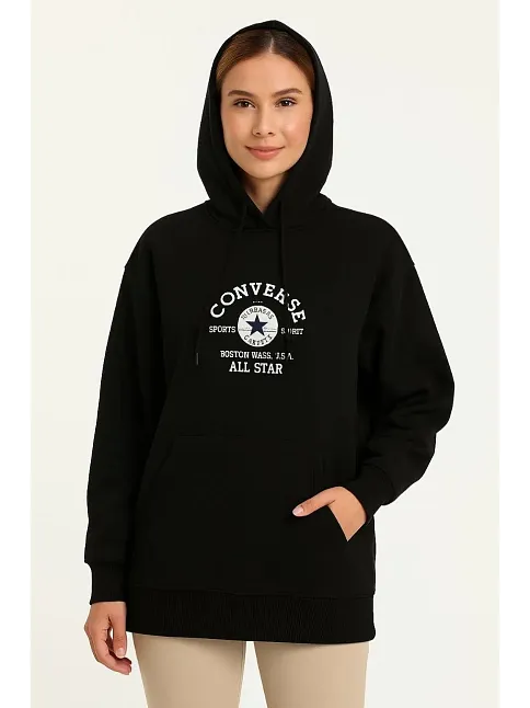 Kadın Kapüşonlu Kanguru Cepli Sweatshirt 3 İplik Pamuklu Baskılı Hoodie - Siyah